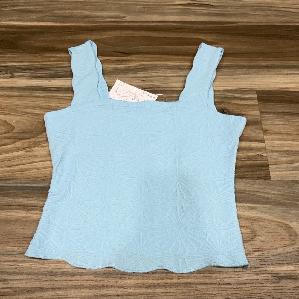 Light Blue Textured Square-Neck Tank Top